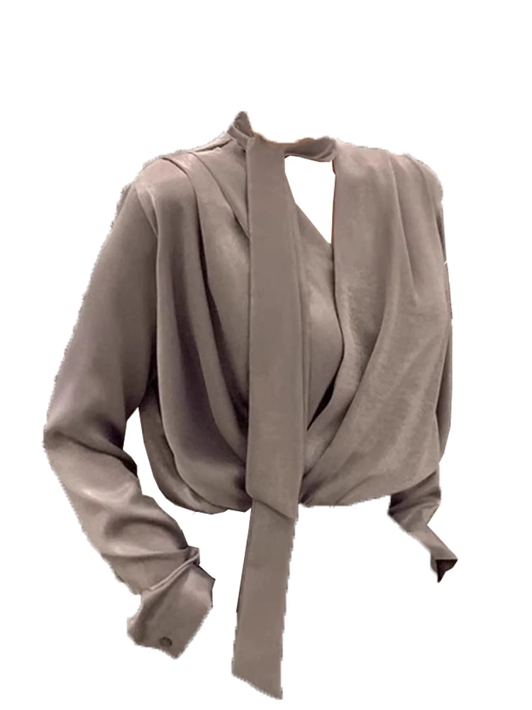 French Sle Pure Color V-ne Breathable Casual Slim Straight ape Commuter irt Silk Long Sve BibFem Sle irt