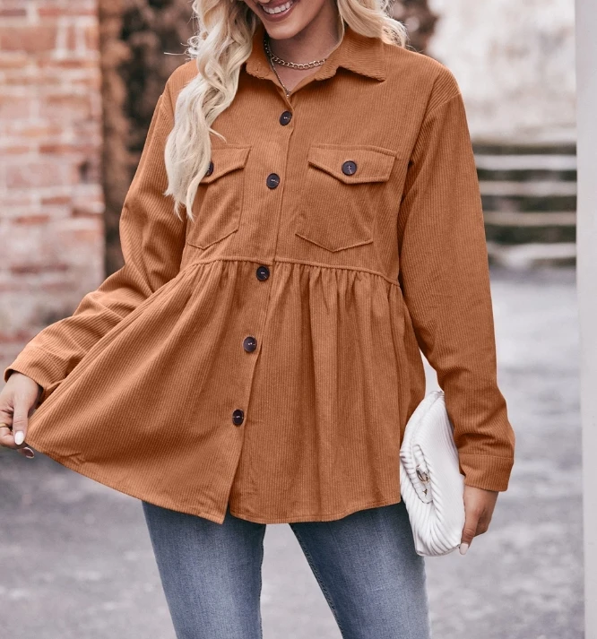 

2024 Fashion Hot Selling Casual Lapel Long Sleeved Monochrome Women's Versatile Single Breasted Corduroy Shirt