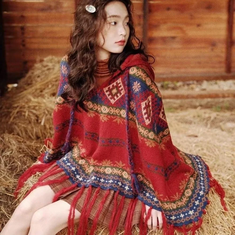 

National style spring and autumn retro embroidery tassel warm scarf loose knitted shawl women's casual cape top wholesale