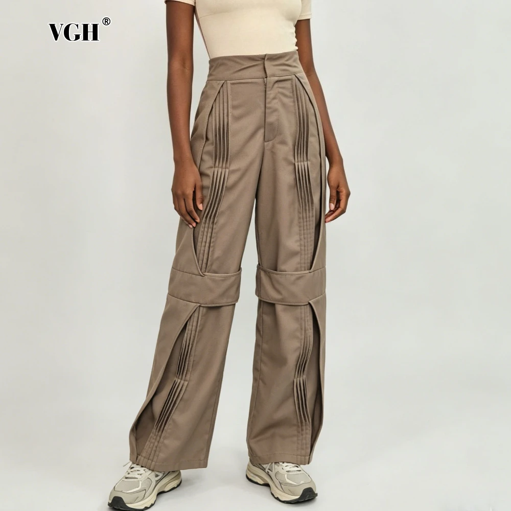 

Брюки VGH Coffee Loose Spliced Folds Chic для женщин, с высокой талией, винтажные, в уличном стиле, длинные, летние, модные, новые