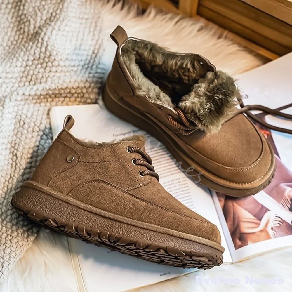 Men Khaki Suede Lace-up Winter Ankle Boots Round Toe Faux Fur Lining Thick Platform Boots Non-slip Sole Warm Casual Snow Boots