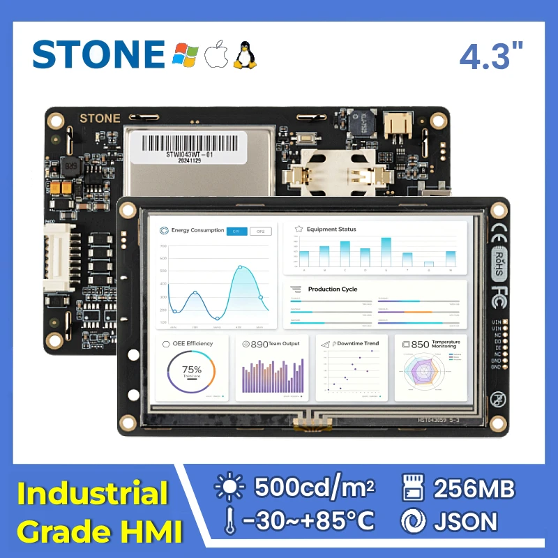 STONE I 4.3 Inch Industrial Grade HMI TFT LCD Display Panel Capacitive Touch Screen Cortex A8 1GHz CPU 256MB 480*272 for esp32