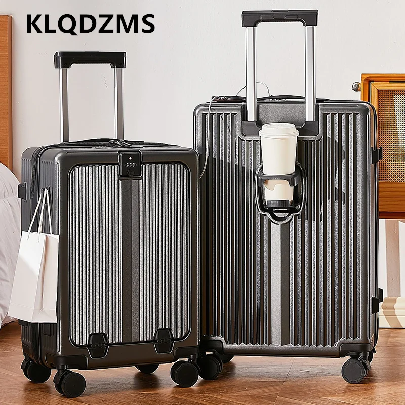 

KLQDZMS Cabin Suitcase Front Opening Laptop Boarding Case Aluminum Frame Trolley Case 20"24 Inch Women's Zipper Travel Luggage