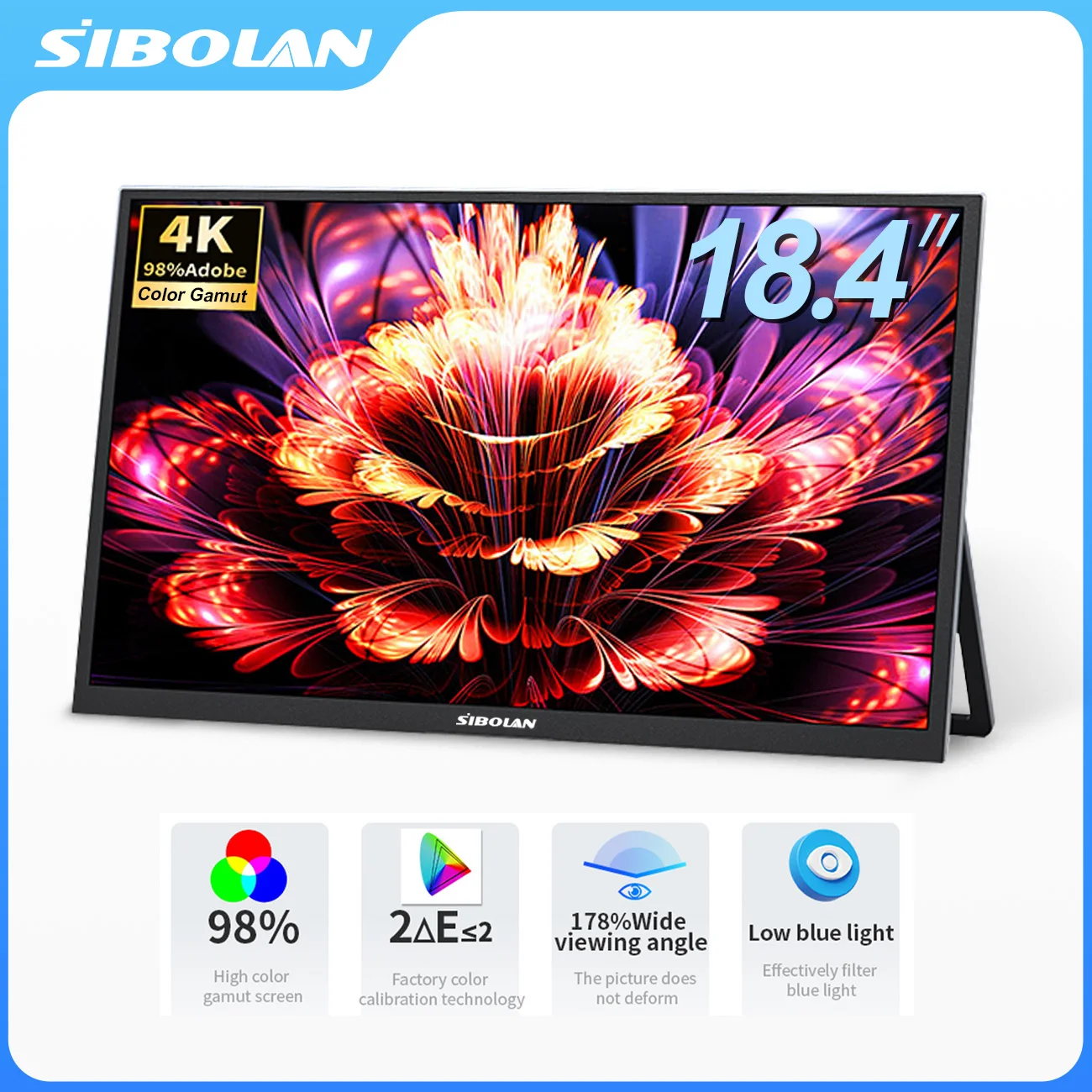 

SIBOLAN 18,4-дюймовый 4K-дисплей 3840*2160P игровой портативный монитор HDMI USB C для телефона, PS5, Xbox, коммутатора, удлинительного экрана ноутбука ПК