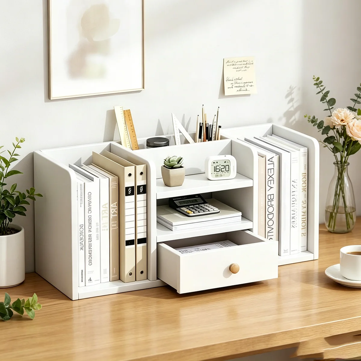 

Minimalist White Desk Organizer with Drawer, Multi-Compartment File Holder for Office & Student