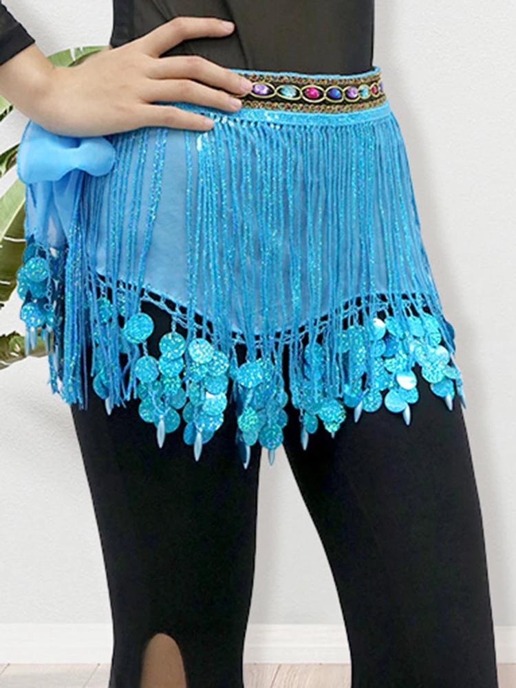 Women Belly Dance Accessories Teardrop Paillettes Coloured Diamond Fringe Wrap Bohemia Belts Coins Hip Scarf with Beads Tassels