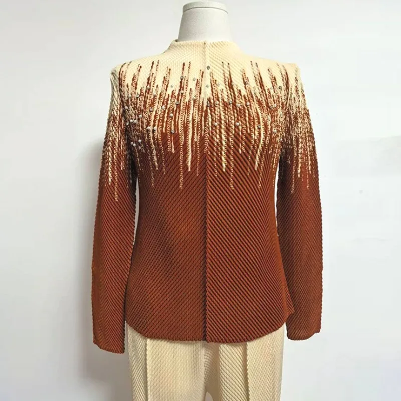 

Плиссированные женские топы Miyake 202, осень-зима, новая нижняя рубашка с принтом, тонкая футболка с длинными рукавами, эластичная одежда больших размеров