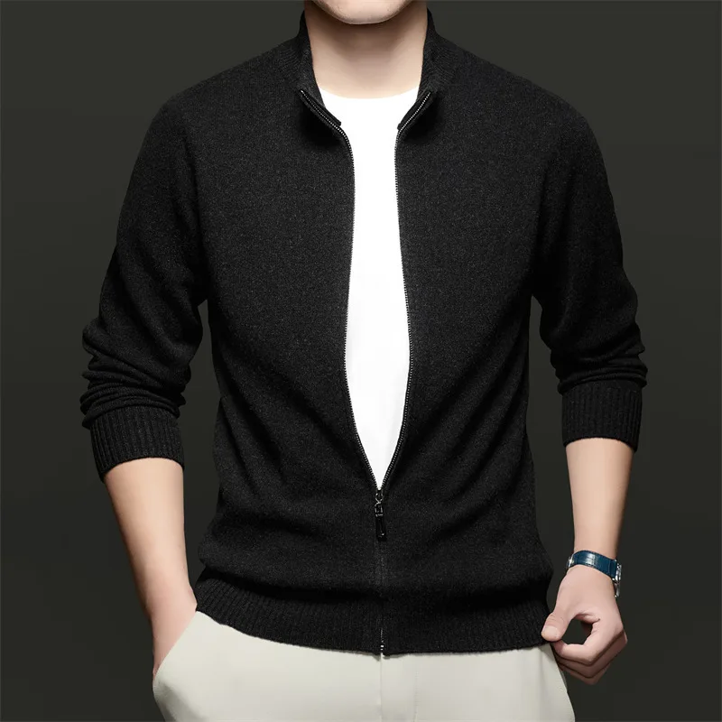 ٪ ميرينو الصوف الرجال سترة طويلة الأكمام سترة صوف الخريف الشتاء جديد الوقوف طوق بلون سترة ملابس خارجية سميكة