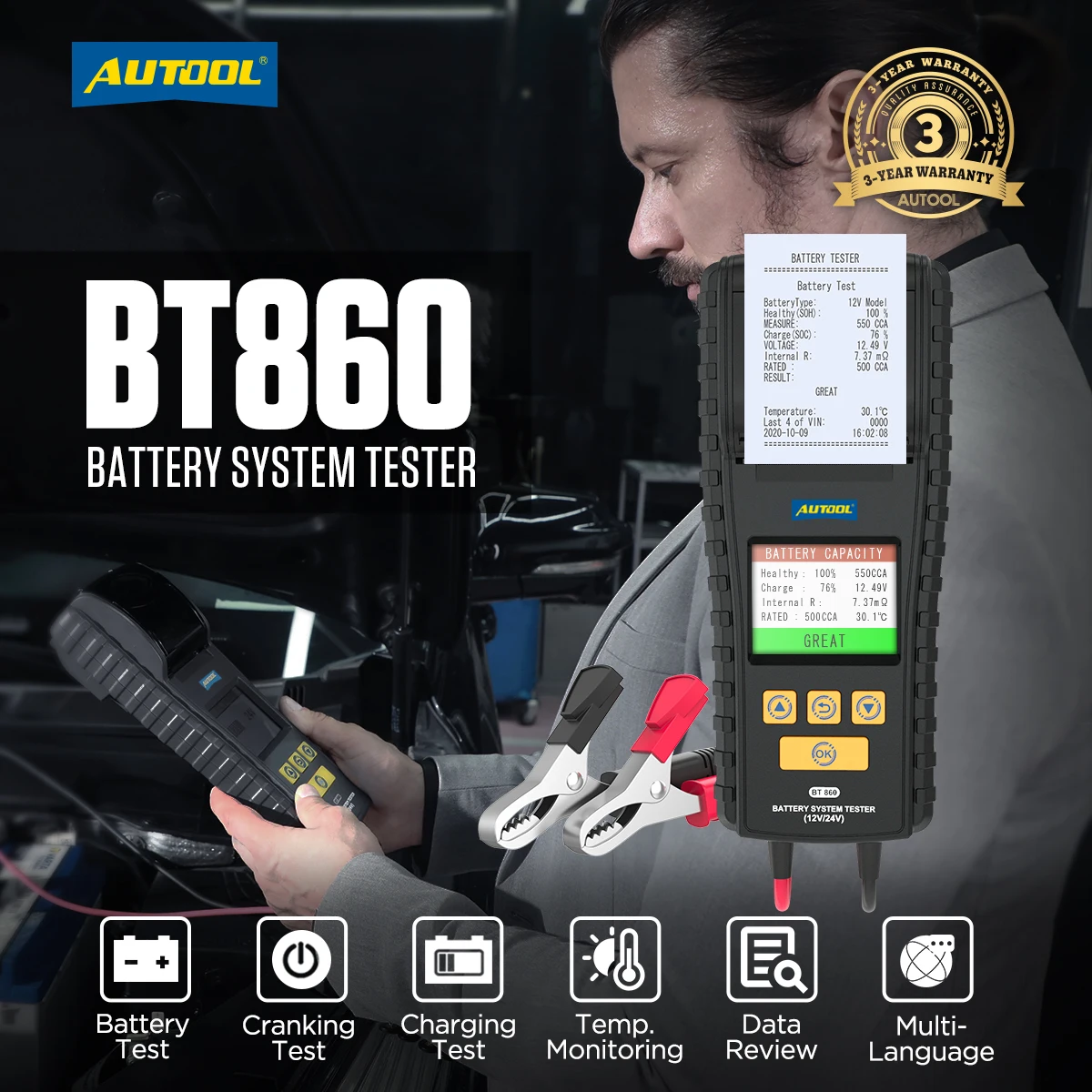

AUTOOL BT860 Automotive Battery Tester with Printer Data Review Truck Cranking Charging Test Battery System Tester