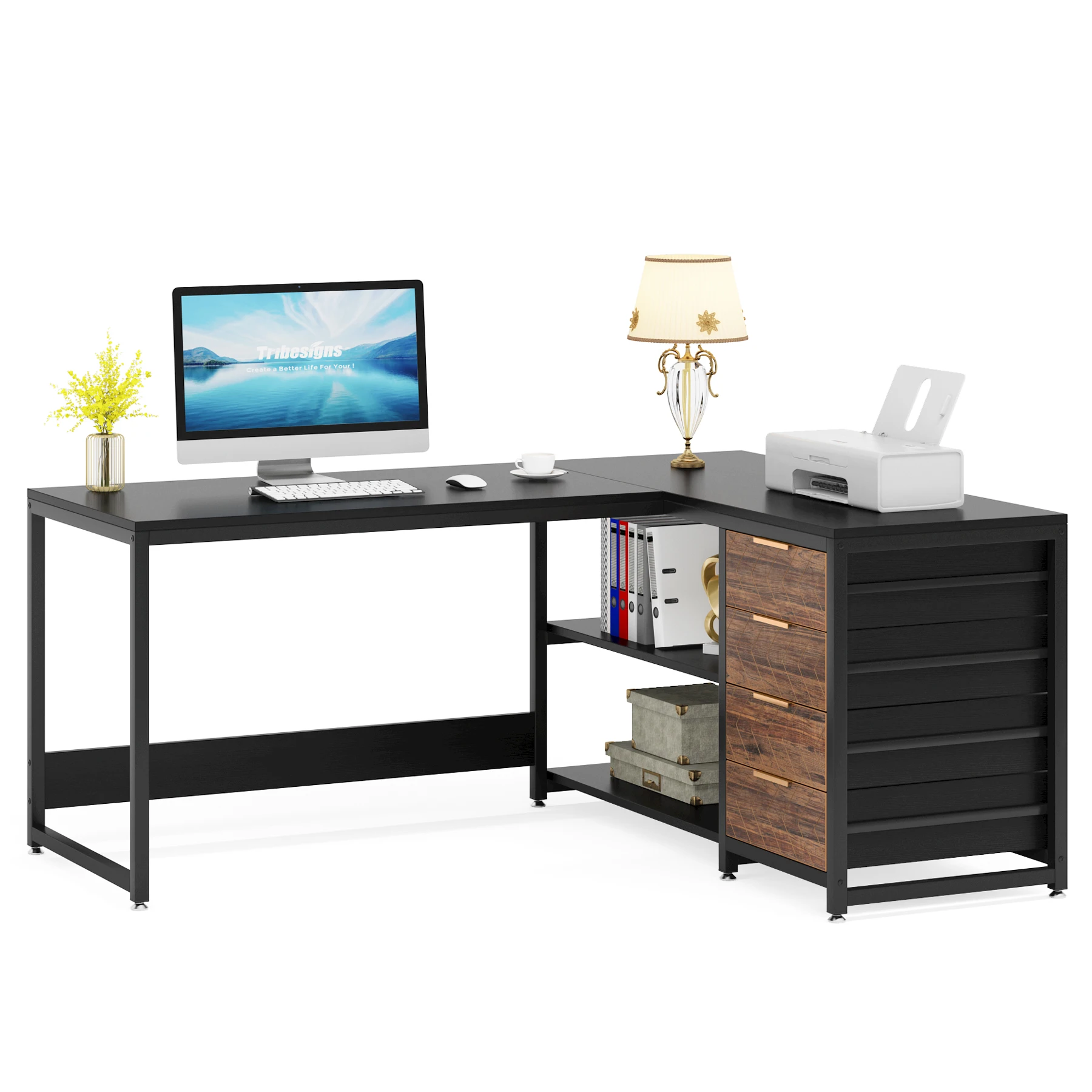 Tribesigns China Manufacturer Executive L Shape Wooden Furniture Black Computer Office Desk with Drawers and Shelves