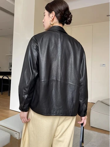 Imagen 2 del producto Chaqueta de cuero auténtico negro clásico a la moda de otoño de piel de oveja auténtica de primavera para mujer abrigo de cuero auténtico holgado de gran tamaño