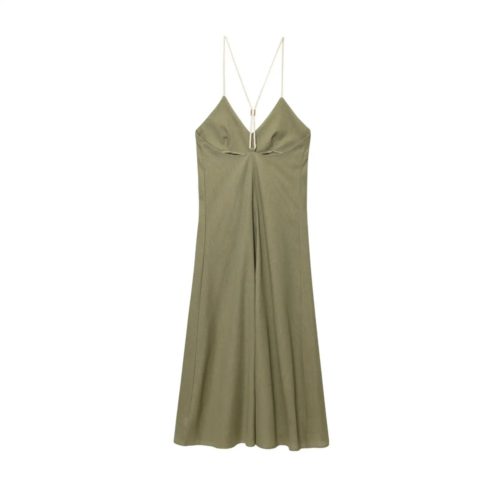 Summer Spaghetti Strap V-neck Midi Dress Women Army Green Backless A-line Dresses