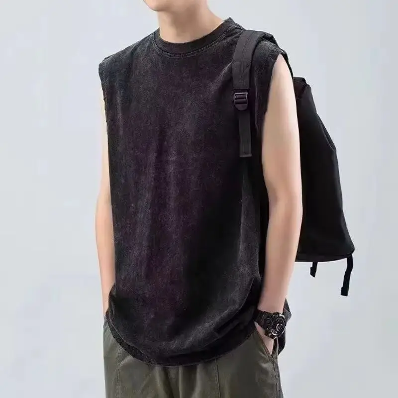 

2025 Summer New cotton Men's Washed Cotton Tank Tops Muscle Gym Sleeveless Workout T Shirts Running Beach Loose Tees