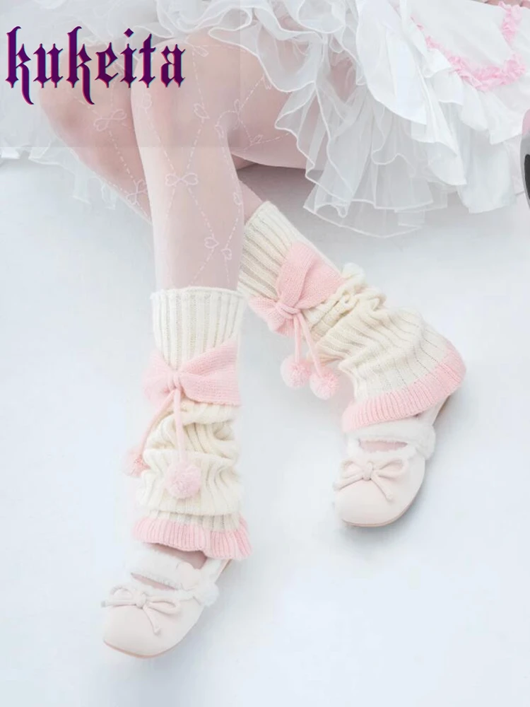 Kukeita Harajuku Y2k Women Knitted Leg Warmer Socks Japanese Lolita Sweet Pink Bow Ruffles Leg Cover Kawaii JK Warm Boots Socks