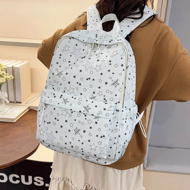 Fresh Star Printed Backpack Simple Star Pattern Nylon Bag Large Capacity Light Girls School Daypack Campus Daily Commute Travel