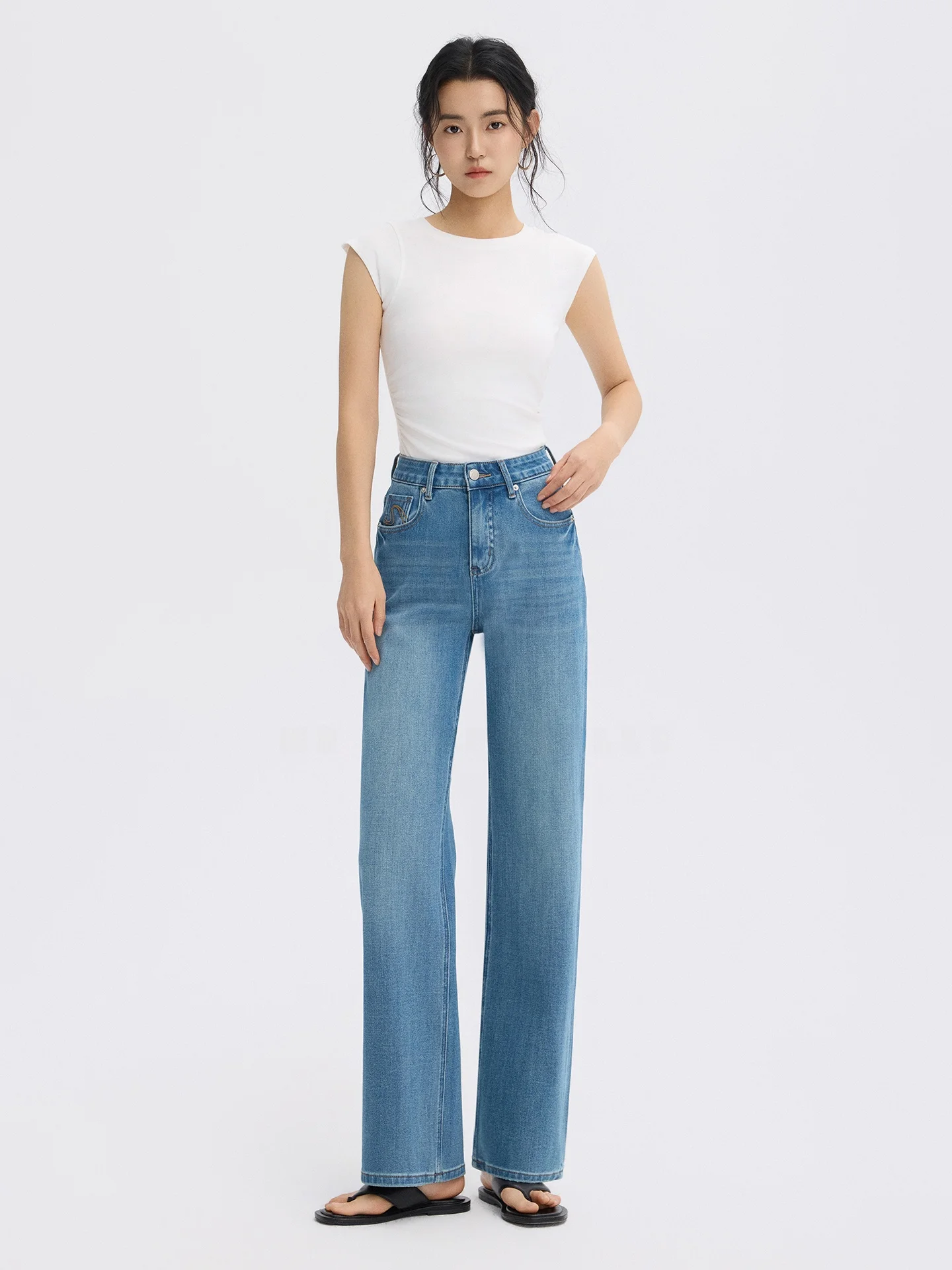 

Slim Straight High Waist Blue Denim Jeans Women's Spring New Sle Four Sided Elastic Loose Fit Casual Cotton Stretch Jeans