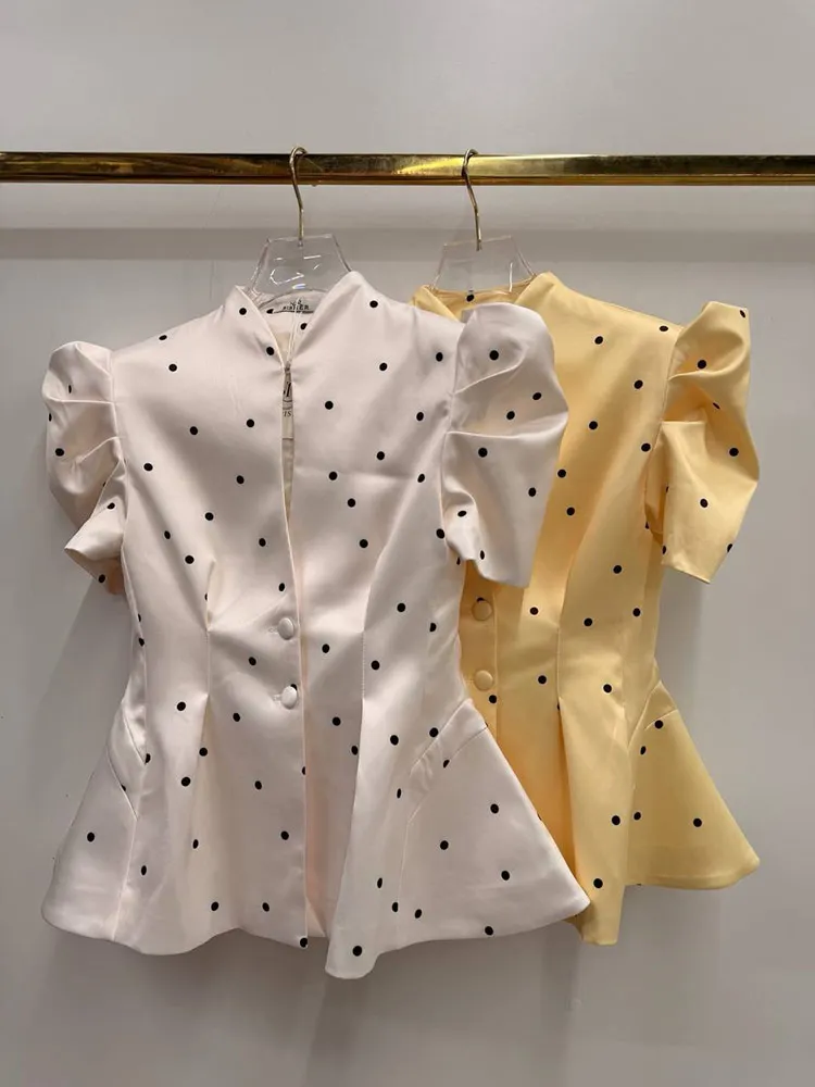 Bedruckter Taillierter Dünner Blazer für Damen Eleganter Stehkragen Puffärmel Kurze Ärmel Schlanker Mantel Schicke Büro-Damen-Oberteil Neue Oberbekleidung – Detail 1