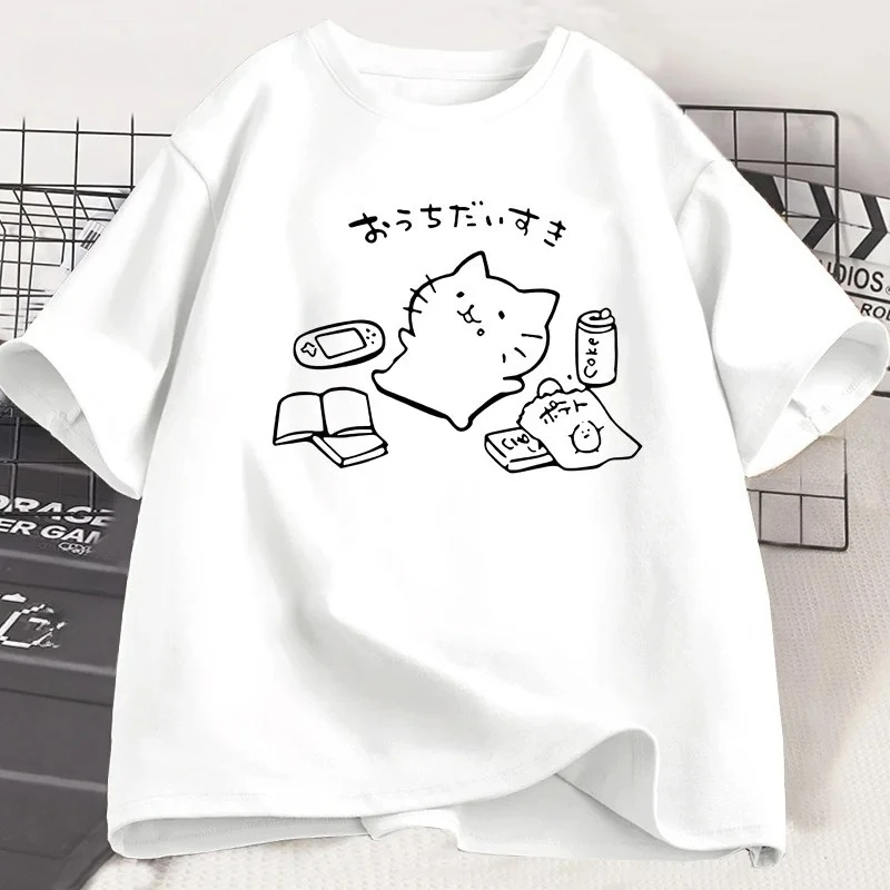 Japanese Style Funny Cat Print T-shirt for Men Women Summer Short Sleeve O-Neck Tops Tshirt Kawaii Kitty Cat Lover Tees