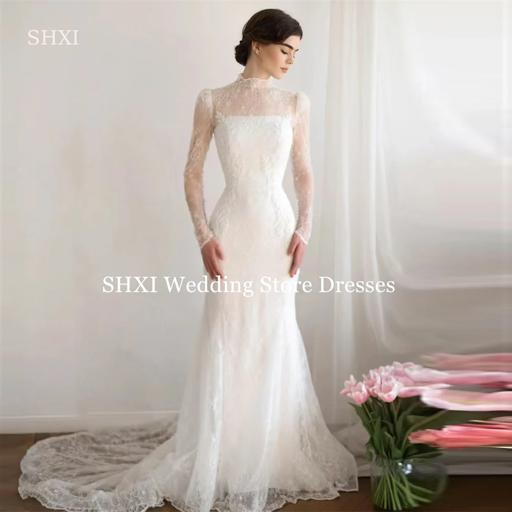 

SHXI lvory Lace Wedding Dress Customized High Neck Full Sleeves Mermaid Bridal Gowns Modest Robe De Marriage Bride Dress