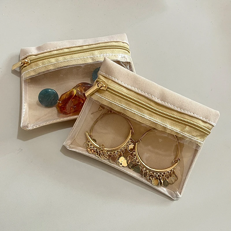 3pcs/set Velvet PVC Transparent Zipper Jewelry Pouches Clear Window Storage Jewery Sachets Bags for Earrings Necklaces Rings