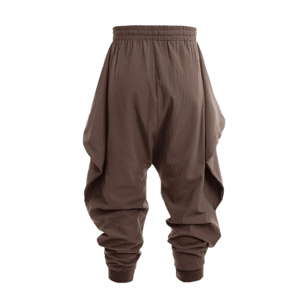 Men's Vintage Long Pants Hip Hop Gothic Style Loose Fit Cotton Linen Harem Pants Solid Color Elastic Waist Fashion Trousers