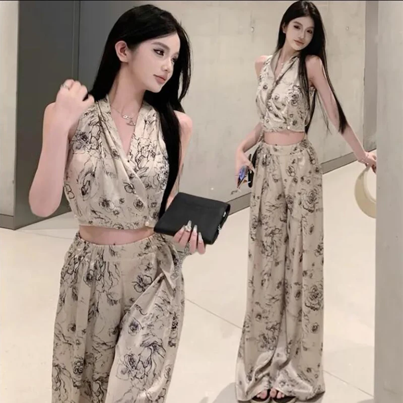 New Summer Korean Fashion Casual 2 Piece Set For Women Print Hanging Neck Top + Pants Suits Sexy Girl Two-Piece Pant Sets