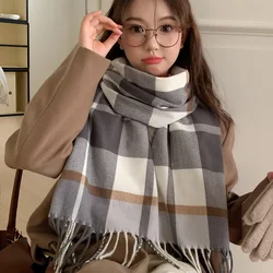 Winter Imitation Cashmere Shawl British Classic Tassel Women Scarf Black and White Khaki Plaid Neckerchief Pashmina Accessories