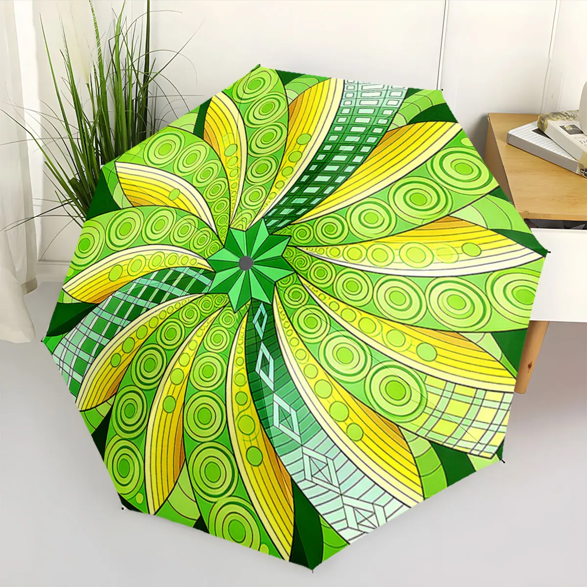1PC Vibrant Geometric Patterns on Green Umbrella Print 8 Iron Ribs Folding Umbrella Auto-Open Fashion Sunshade