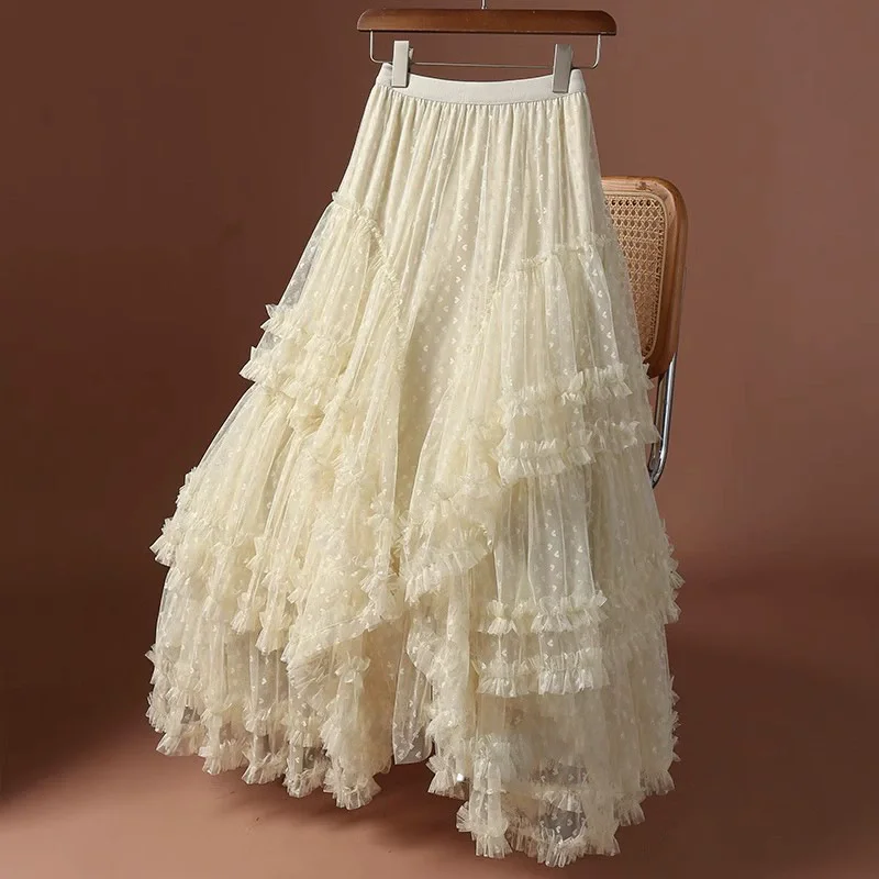 Sweet Women Tulle Maxi Skirt High Waist Elastic Tiered Ruffle Cake Skirt Elegant Fluffy A-Line Long Skirt for Party Daily Wear