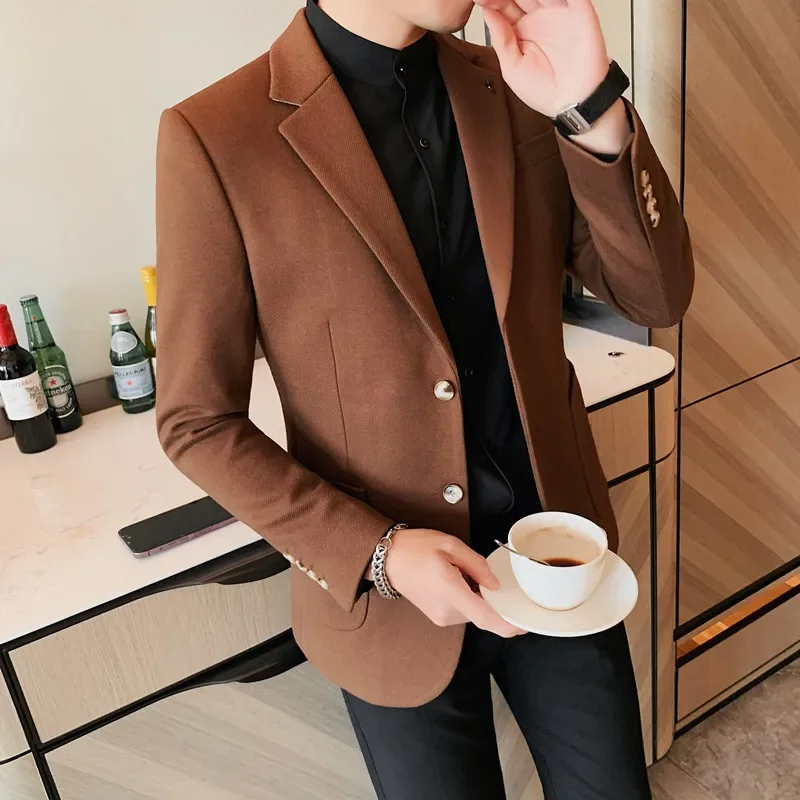 2023 Autumn Winter Wool Blazers Men Solid Color Casual Business dress Jackets Slim Wedding Street Wear Social Coat Men Clothing