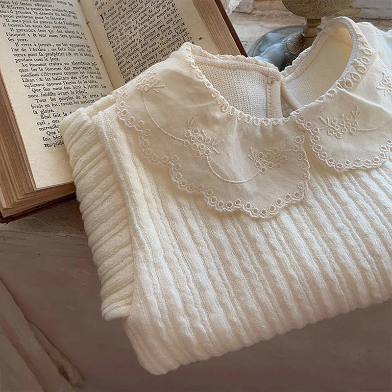 Baby Girl Sweet Lace Peter Pan Collar Tops Winter Fashion Ribbed Thickened Bottoming Tops Girls Simple Cotton Knitwear Tees