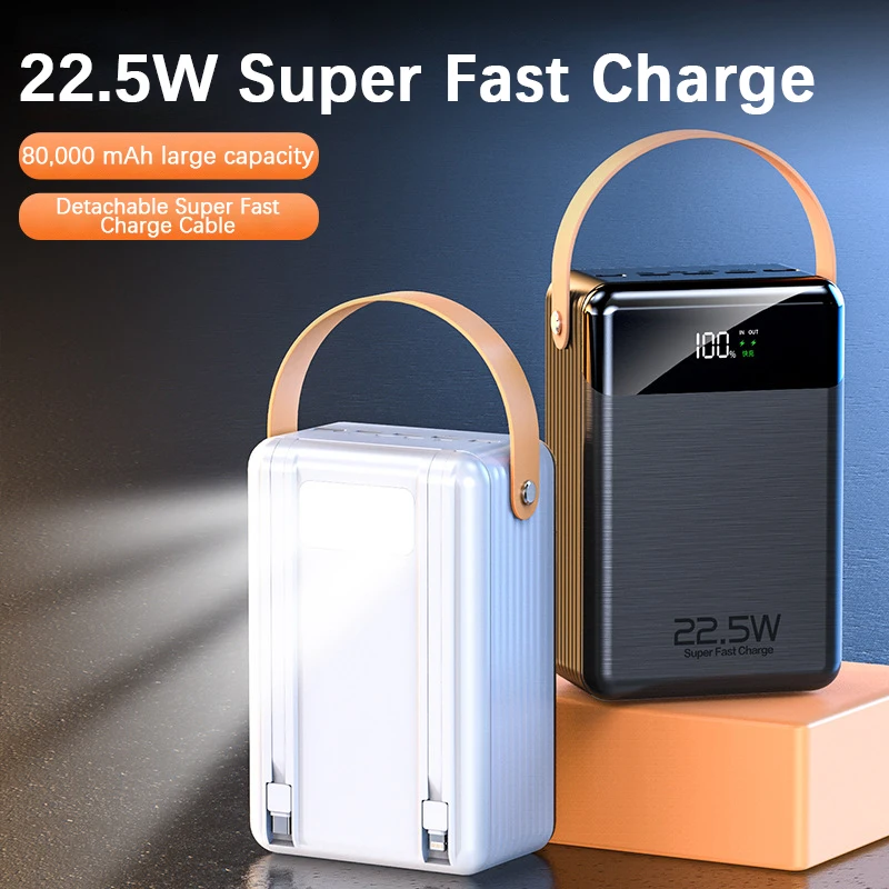 80000mAh Outdoor Big Capacity Power Bank with Camping Lights Built in Cable 22.5W PD Fast Charging Super Power Bank