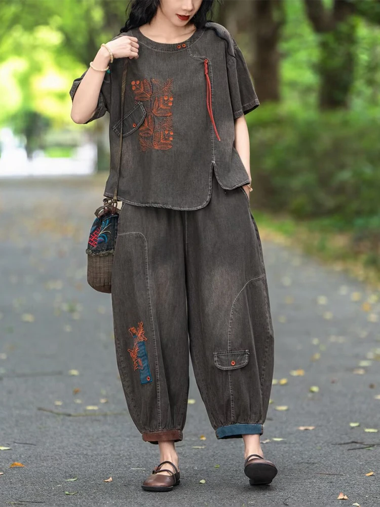 Max LuLu Design 2024 Vintage Two Pieces Sets Womens Emboridery Loose Outfits Leisure Classic Tops Ladies Harajuku Harem Pants