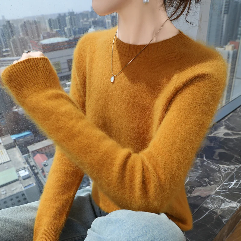 Autumn And Winter 2024 New Mink Cashmere Sweater Ladies Long Sleeve Pullover Round Neck Warm Knit Bottoming Shirt