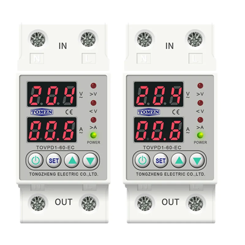 HLZS-2X Din Rail Dual Display Adjustable Over Voltage Current And Under Voltage Protector Relay 40A 220V 230V