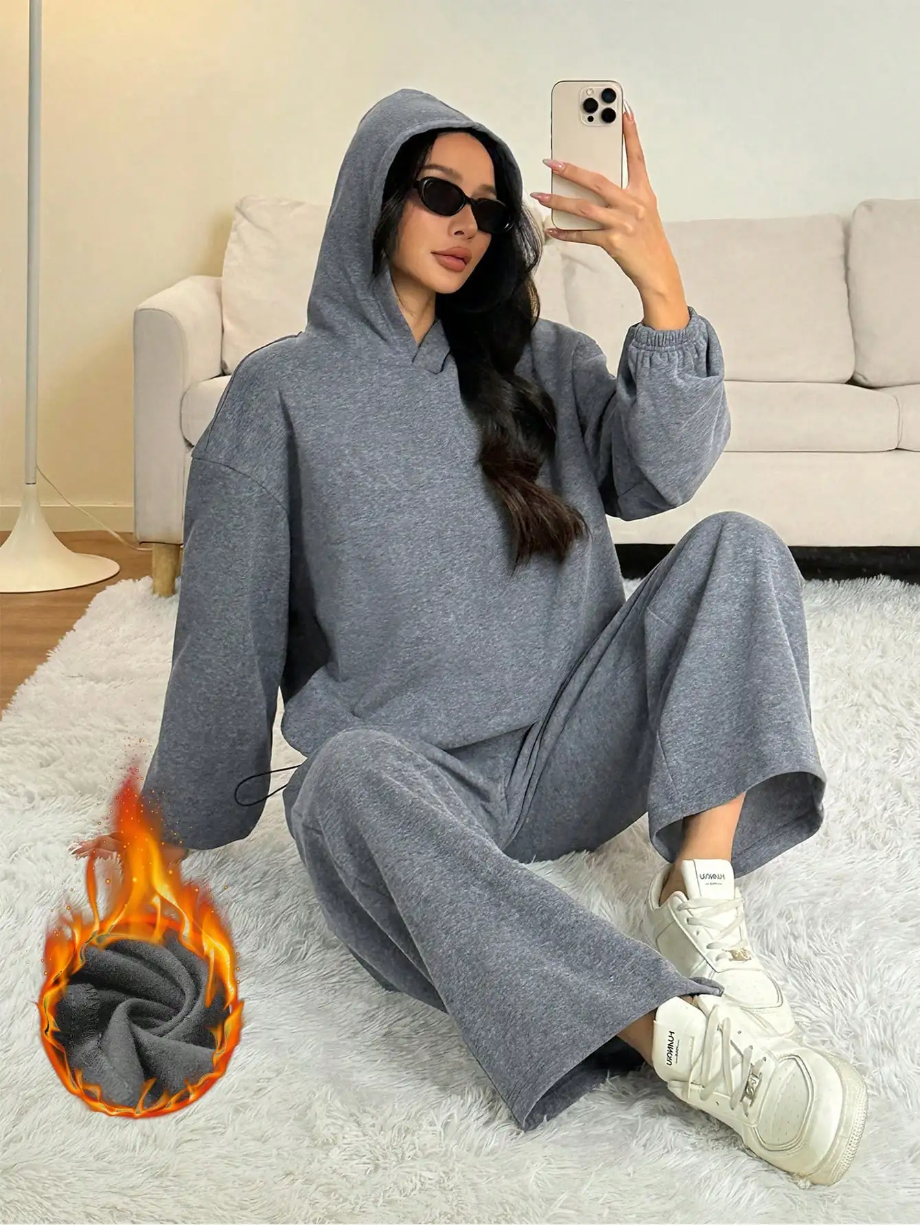 

Комплект: оверсайз худи на флисе и широкие спортивные брюки, серый, женский, комфортная домашняя одежда