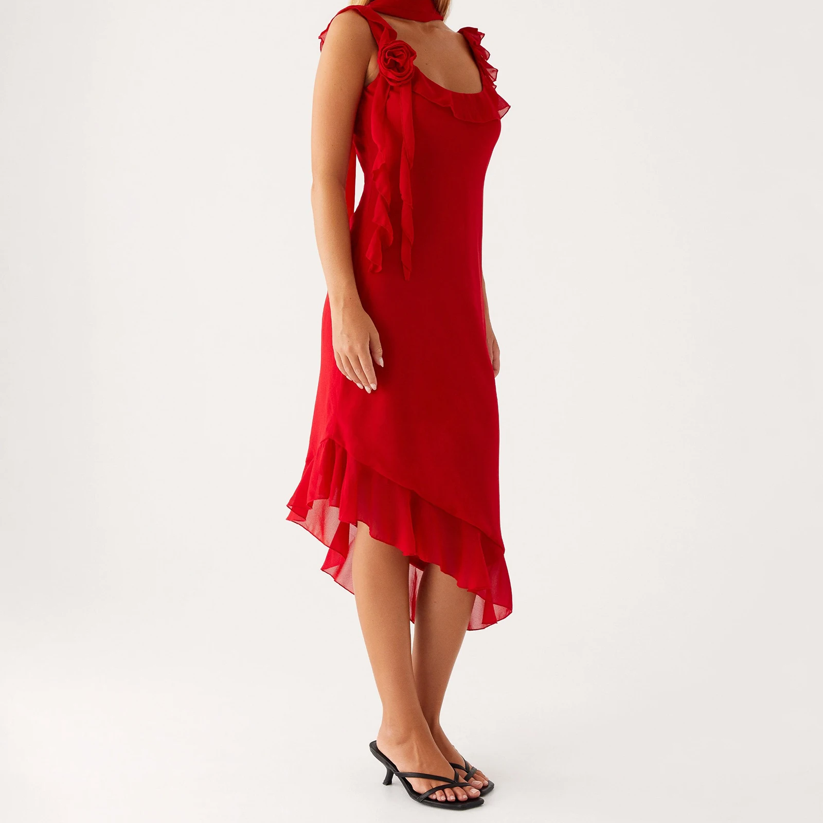 2025 elegante feminino verão midi tanque vestido u pescoço plissado guarnição 3d flor apliques em camadas decoração vestido com lenço