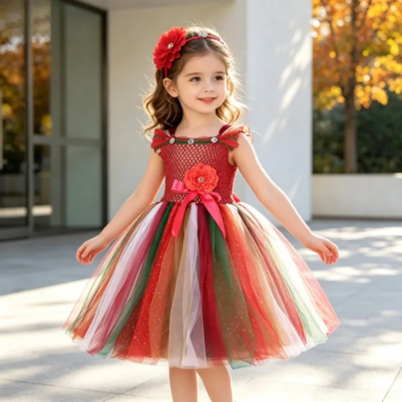 

Colorful Long Tutu Dress for Girls in Autumn, Halloween Stage & Party Dress, Elegant Princess Gown for Kids' Birthday Parties