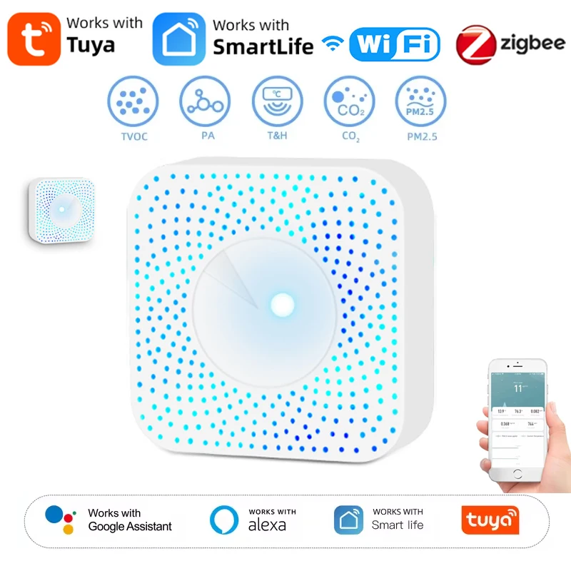 

Детектор качества воздуха Tuya ZigBee/WiFi PM2,5 Формальдегид VOC CO2 Температура Влажность 6в1 Умный датчик воздушной коробки через Alexa Google