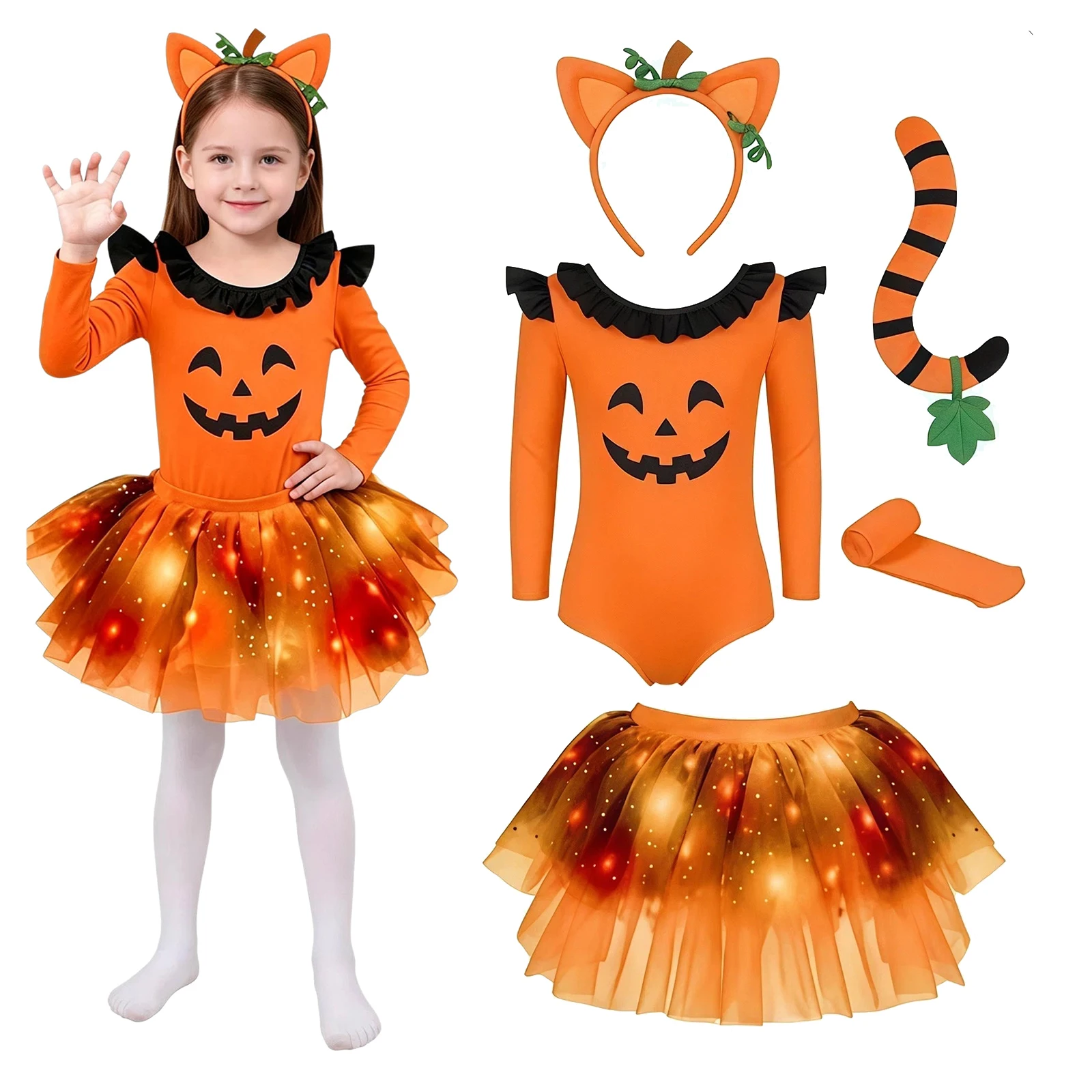 Girls Animal Cosplay Costume Halloween Orange Pumpkin Outfit Long Sleeve Bodysuit with Mesh Ruffle Tutu Skirt Headwear Tail Suit view 2
