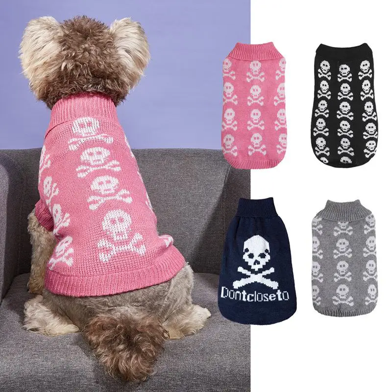 M18 Pet Halloween funny knit solid color full print skull head English pattern collar design small dog sweater