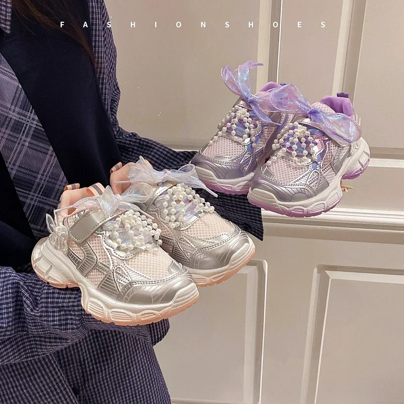 Girls Running Shoes Candy Color Kids Princess Shoes Sweet Ins Trendy 2025 Spring Autumn Kids Sneakers Mesh Breathable Pearls