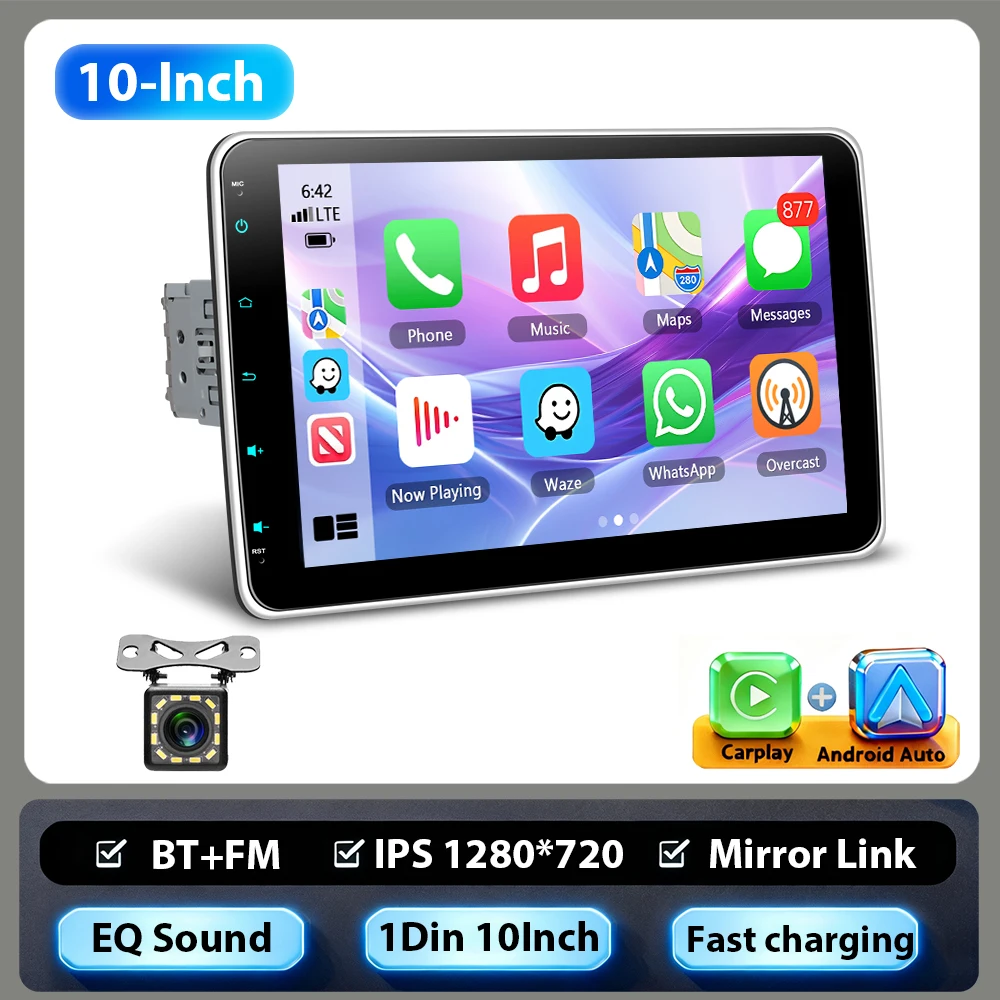 Podofo Universele 1DIN 10 inch Verstelbaar Touchscreen MP5 Autospeler BT FM RDS Autostereo Carplay Android Auto Kleurrijke Achtergrondverlichting