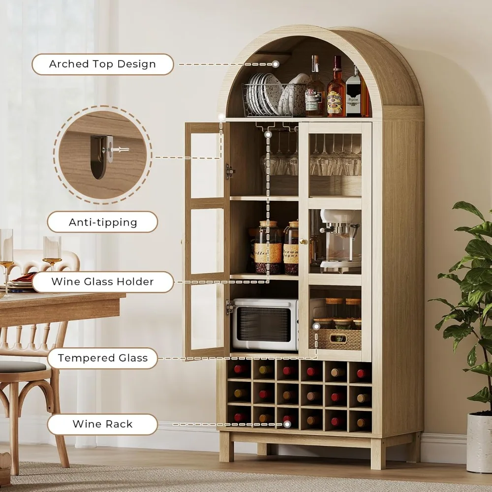 Lemari Anggur dengan Pintu Kaca Melengkung Tinggi, Penyimpanan Bar Kopi Bergaya Rustic dengan Rak Anggur, Rak Penyimpanan Minuman Keras Besar