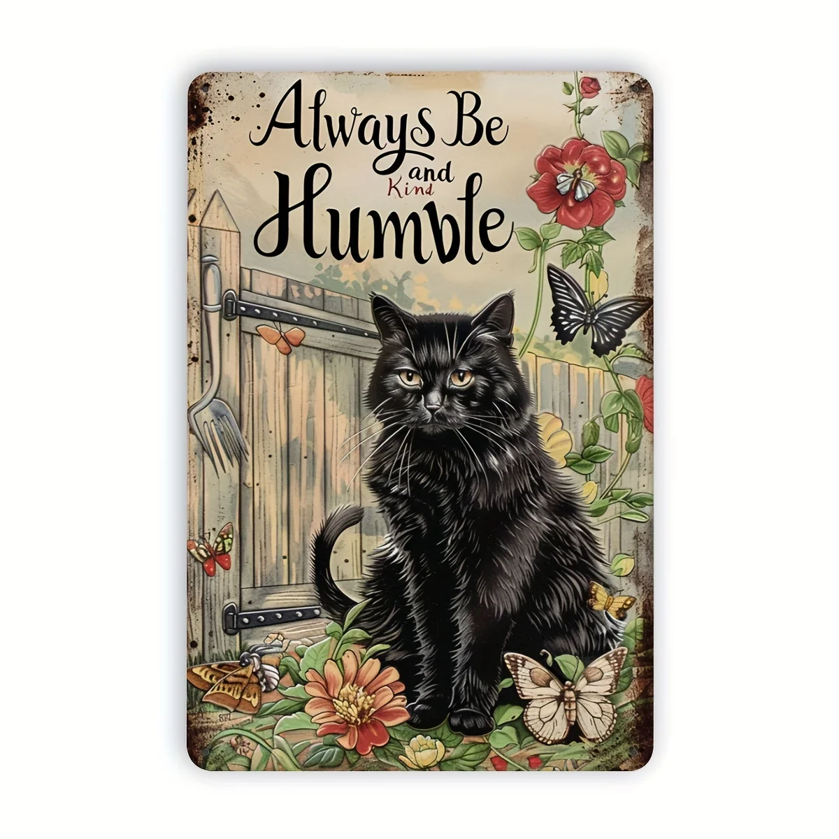 Vintage Cat & Floral Metal Tin Sign - 8x12