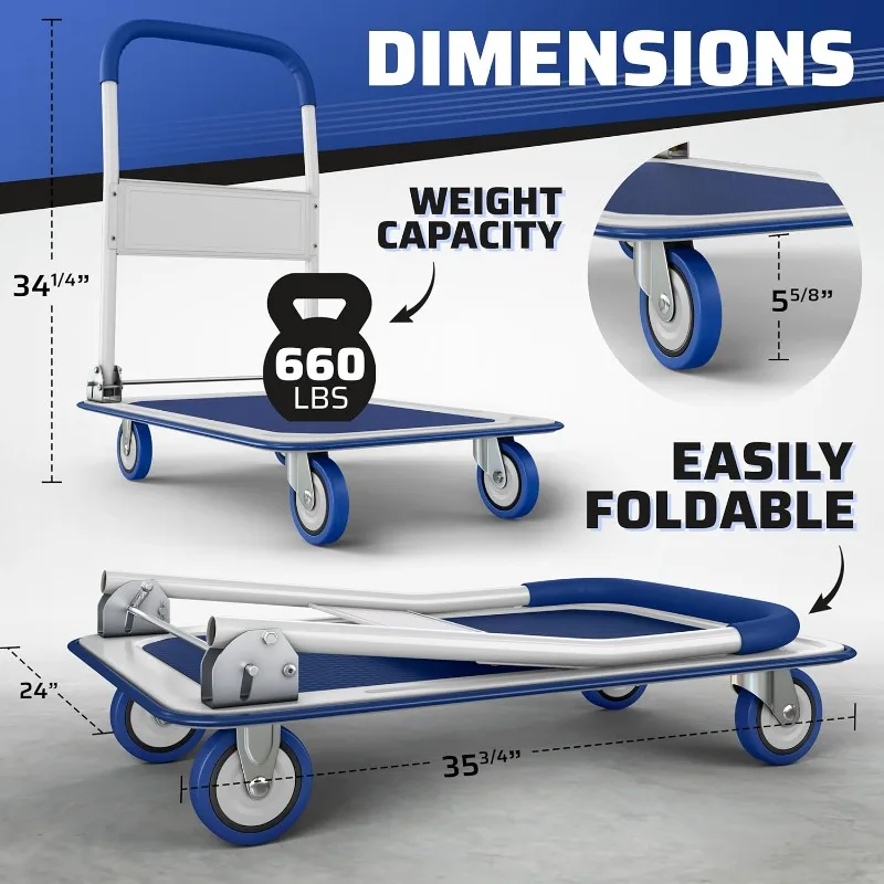Carro de empuje plegable mejorado Dolly |   660 libras. Camión de mano con plataforma móvil de capacidad |   Plegable para ahorrar espacio de servicio pesado