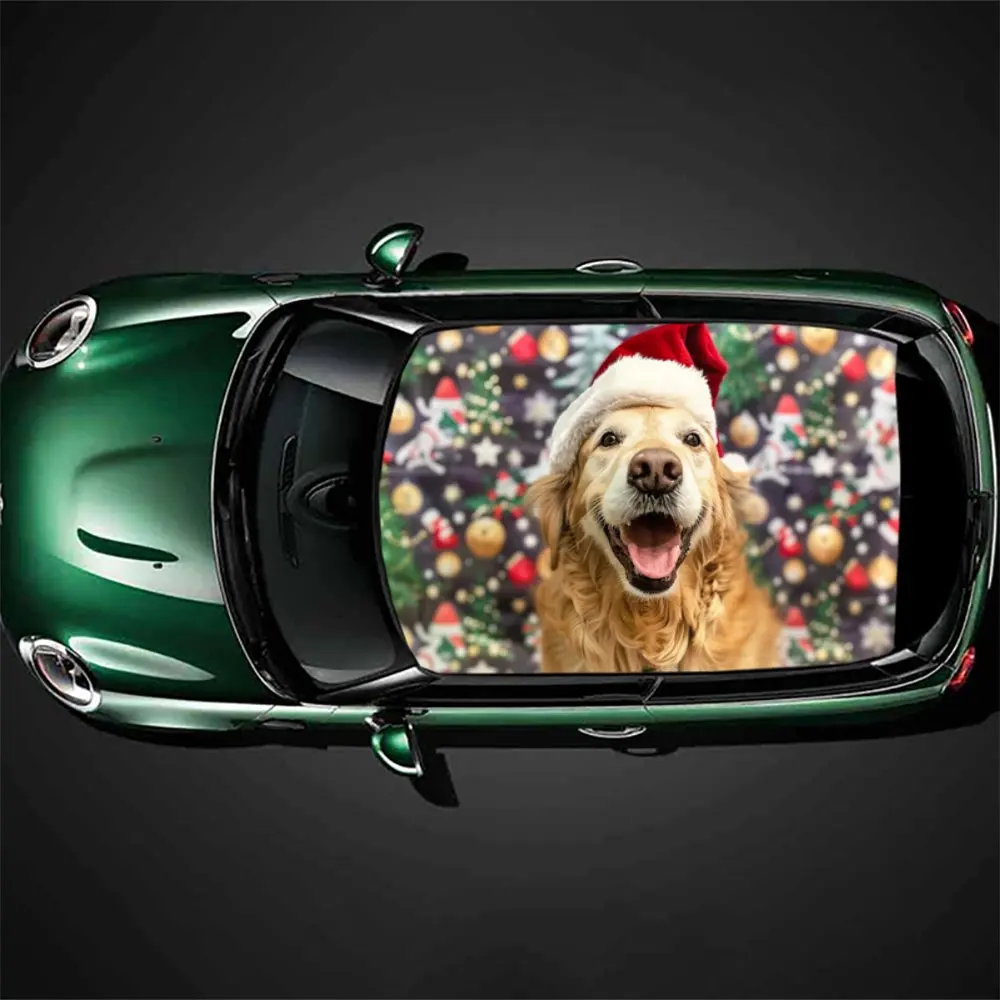 

Dog Wearing Christmas Hat Car Roof Sticker Wrap Racing SUV Auto Accessories Packaging PVC Car Hood Graphic Decal Decoration