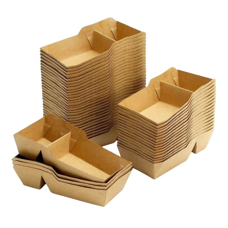 Heavy Duty Paper Boats Two-Compartment Paper Trays, 100 Count Open Servers with Folded Sidewalls for Placing 87HA