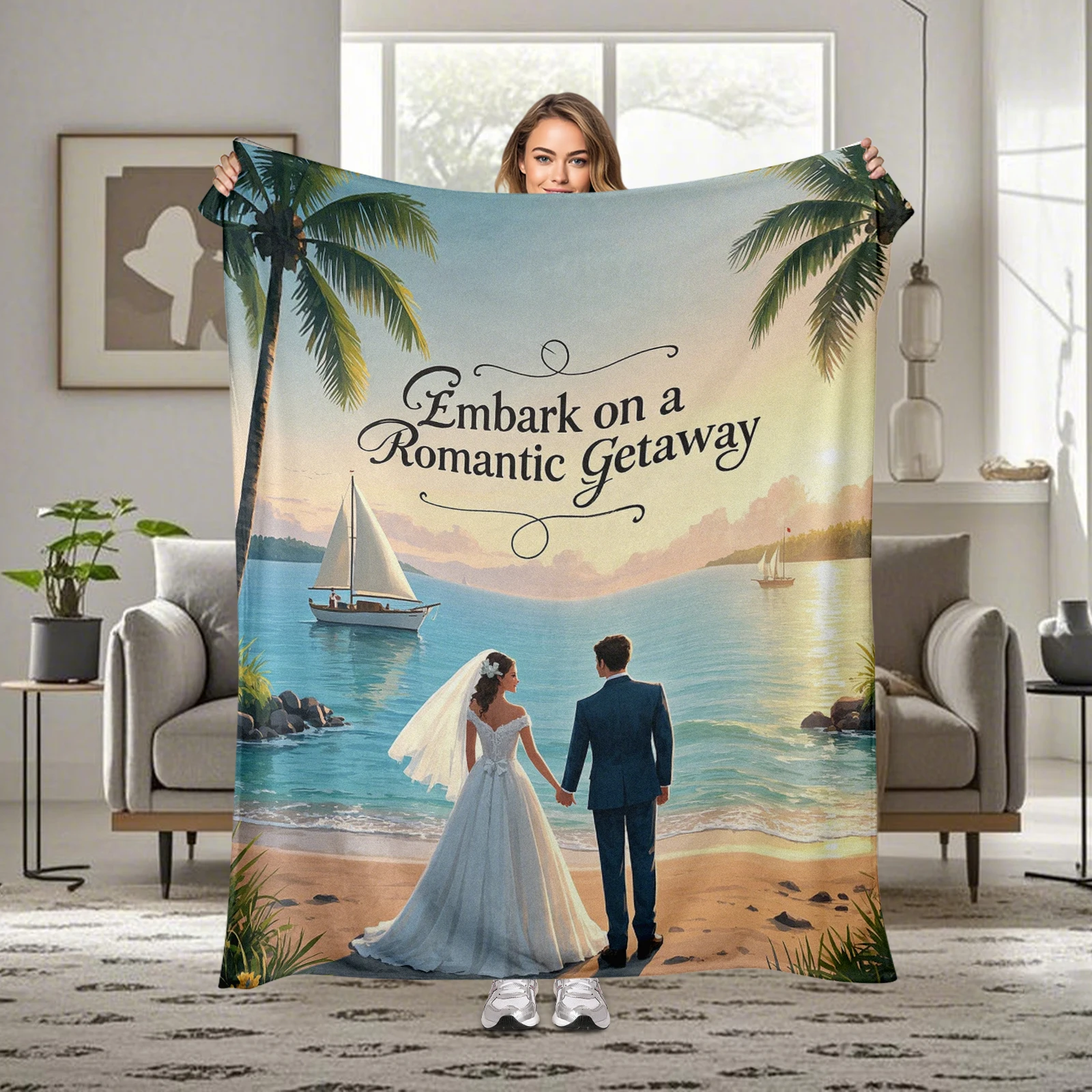 Romantic Cartoon Beach Newlywed Couple Blanket Adds A Touch Of Romance To The Wedding Season Perfect Gift For Couples