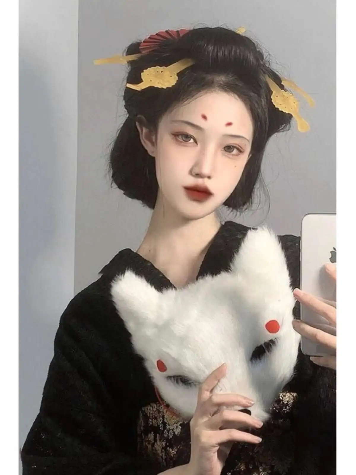 Halloween cosplay anime gueixa máscara traje de pelúcia raposa máscara facial meia face de pelúcia masquerade foto adereços